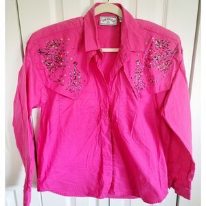 Side Saddle L Vintage Western Shirt Women's Pink Guitar Shaped Beading Has Stain